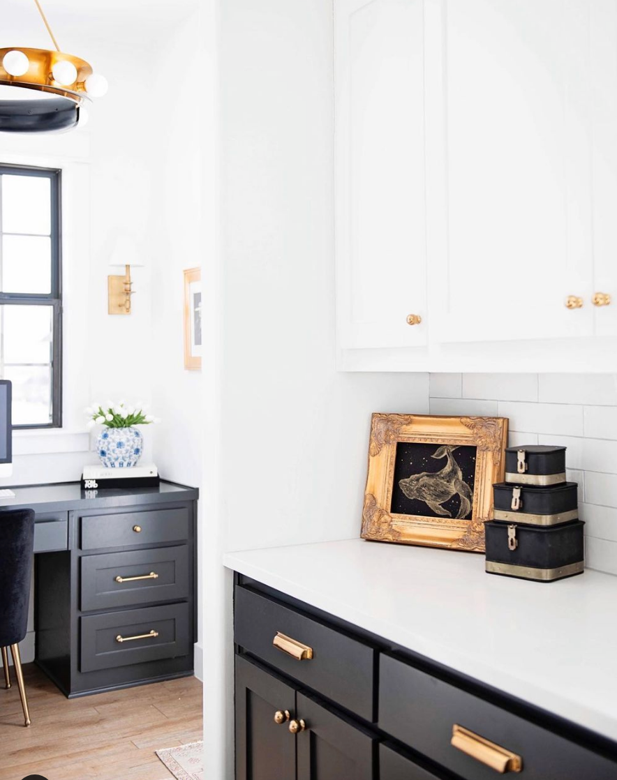 Gold whale painting in a gold frame on a kitchen counter