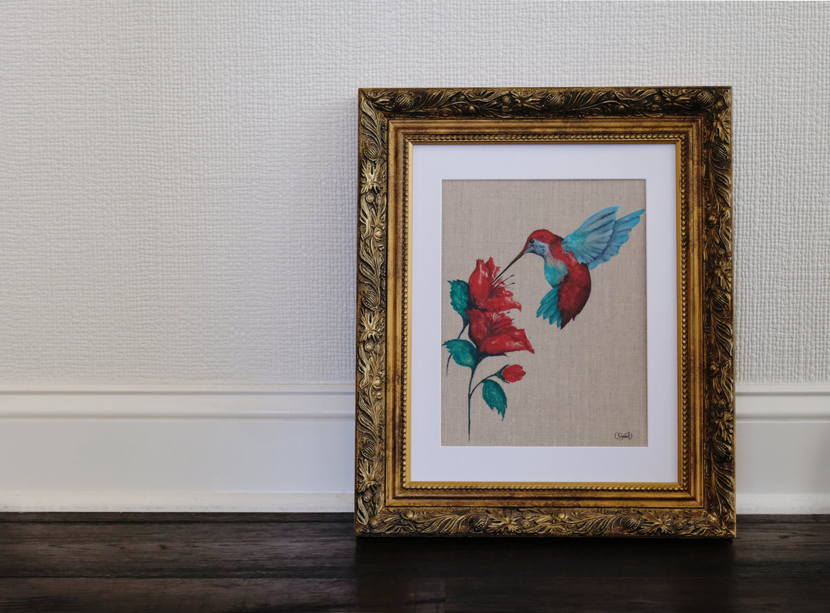 Joyful Eve - Hummingbird Original Watercolor on Linen Panel, 9x12