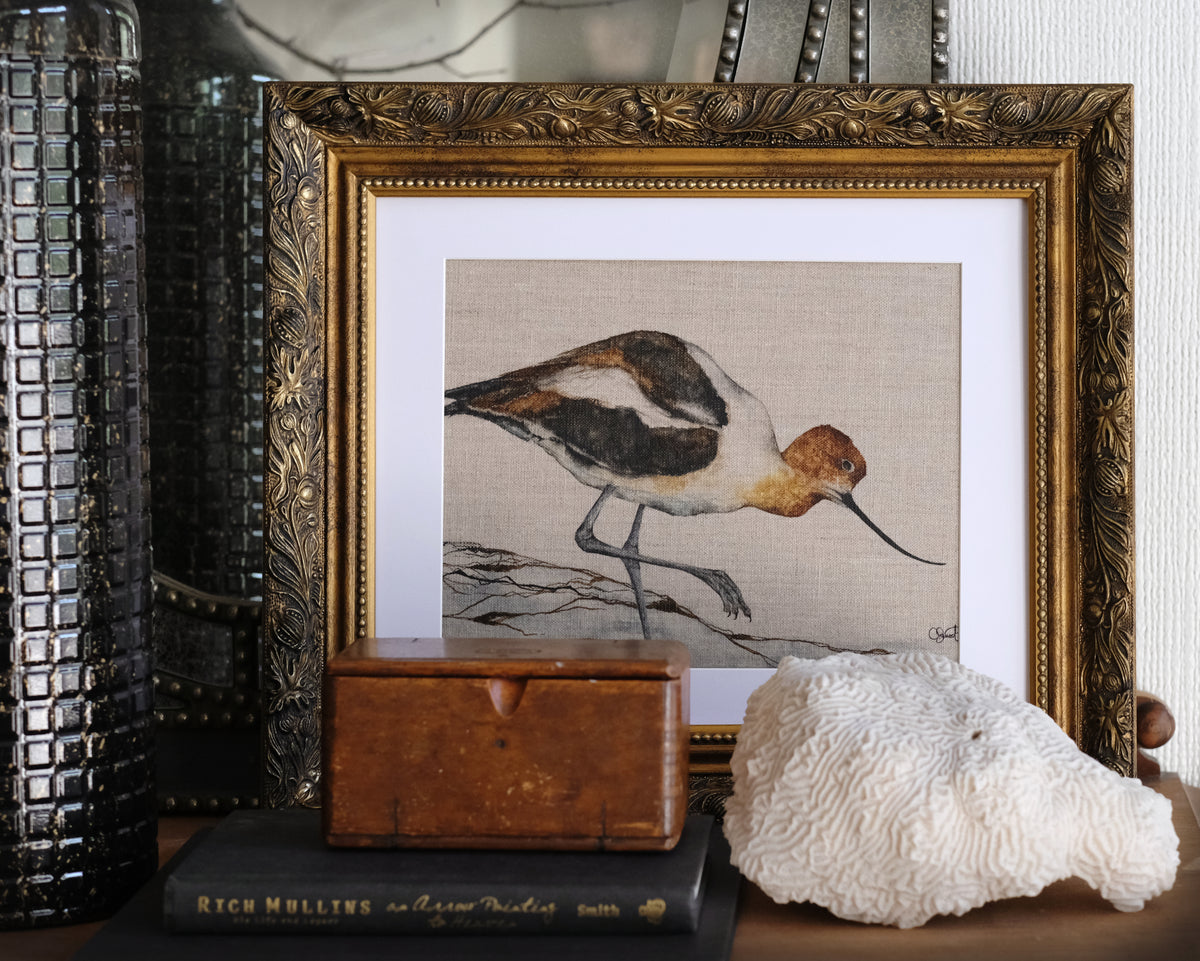 Shoreline Dancer - Avocet Original Watercolor on Linen Panel, 12x9