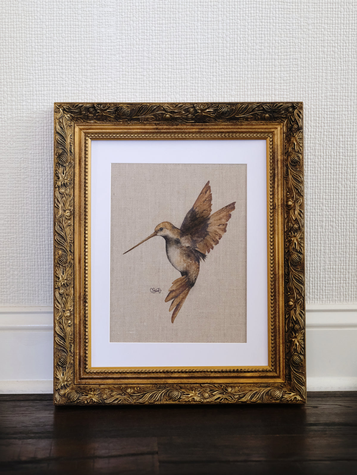 Delicate Amber - Hummingbird Original Watercolor on Linen Panel, 9x12