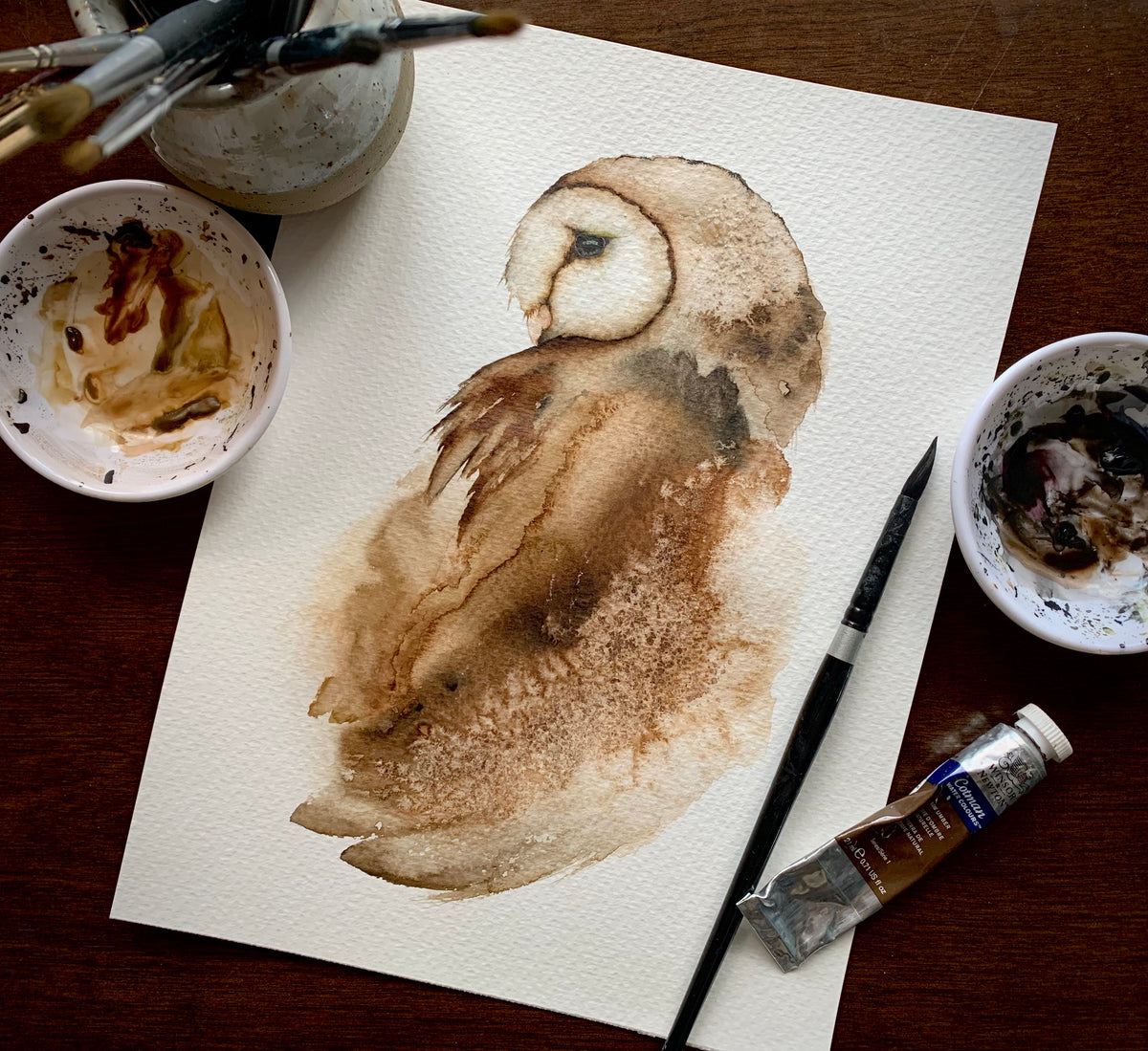 Coy Pond - Barn Owl Original Watercolor, 8.25x11