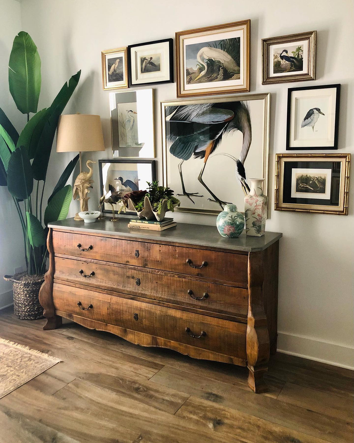 Presence night heron print in a gallery wall of herons above a wood dresser
