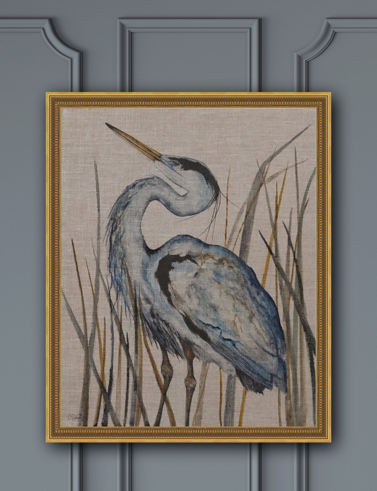 A Quiet Promenade II - Great Blue Heron Original Watercolor on Linen Panel, 16x20