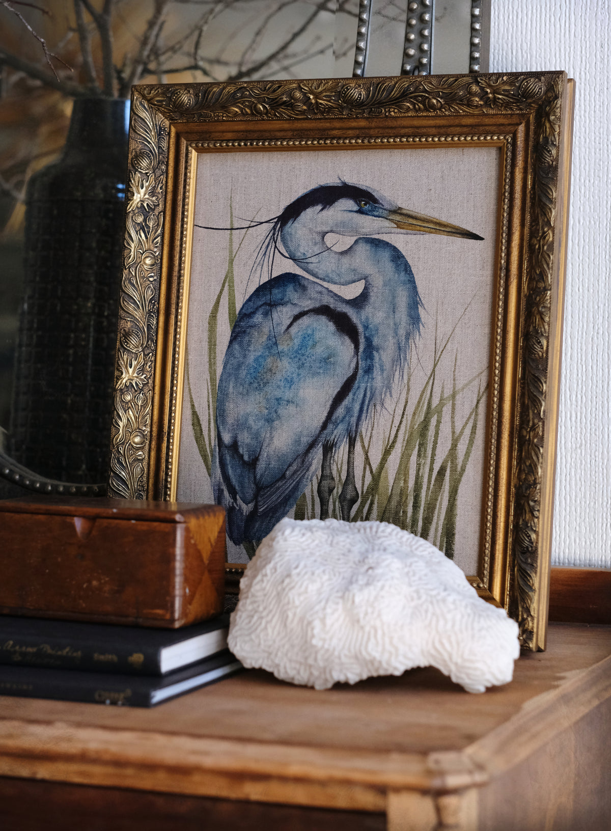 Summer Renaissance - Great Blue Heron Original Watercolor on Linen Panel, Framed, 11x14