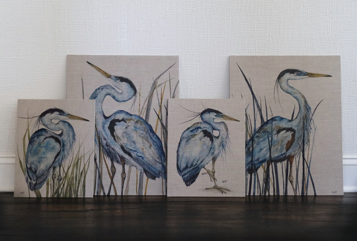Though She Waits - Great Blue Heron Linen Canvas Print