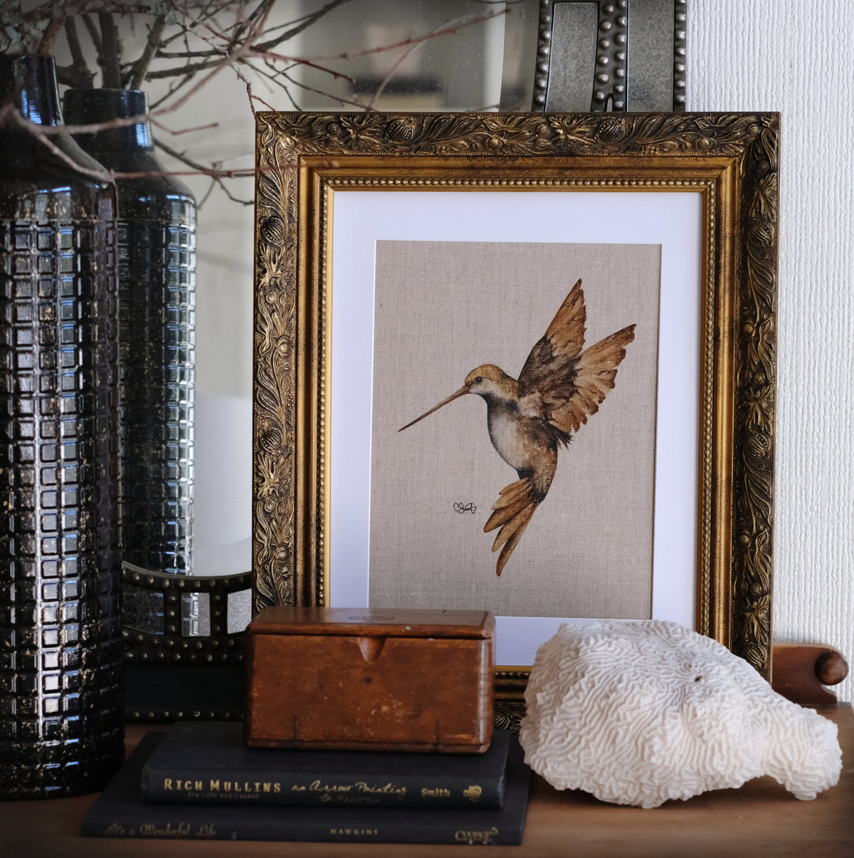 Delicate Amber - Hummingbird Original Watercolor on Linen Panel, 9x12