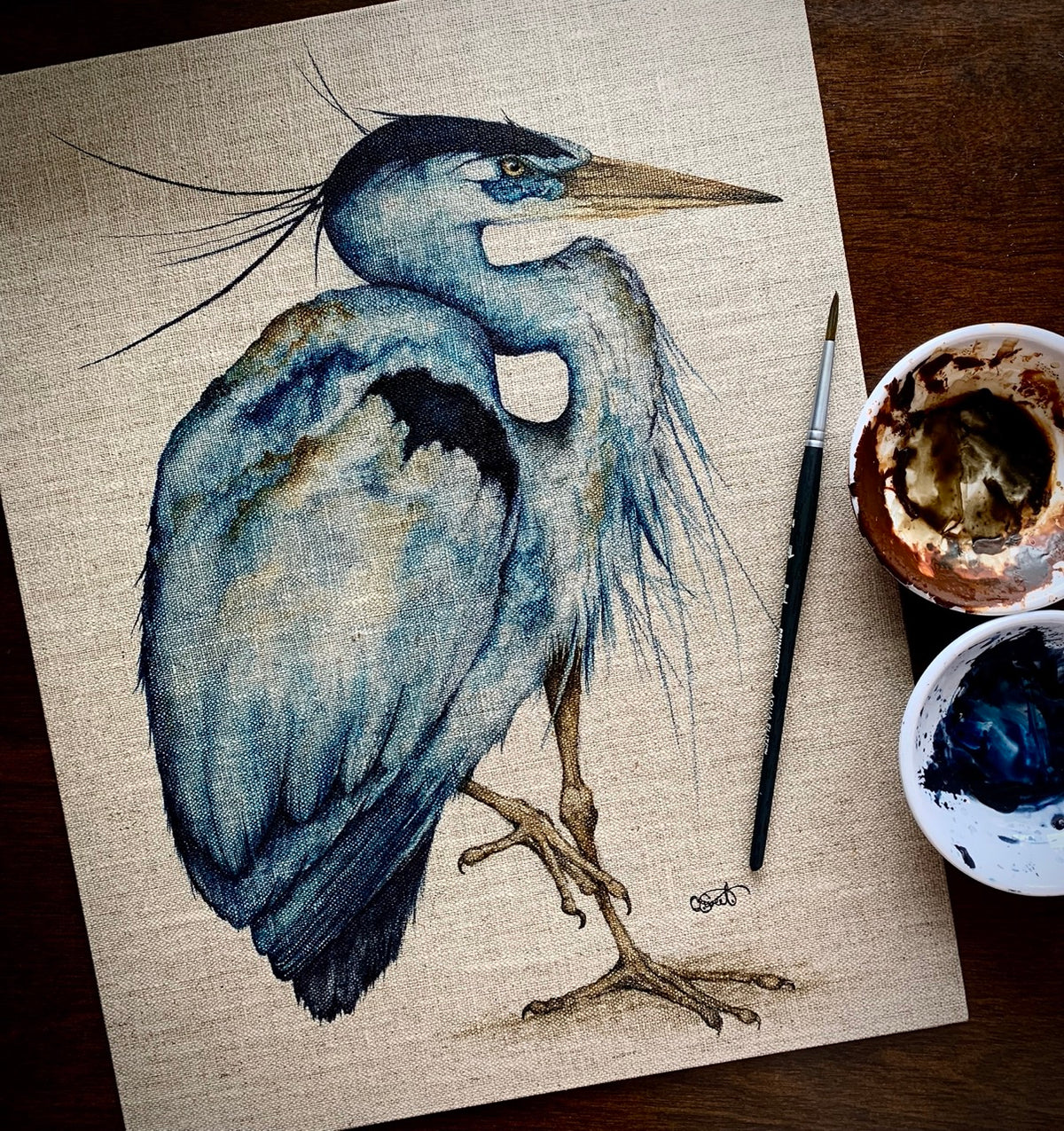 Though She Waits - Great Blue Heron Original Watercolor on Linen Panel, 11x14