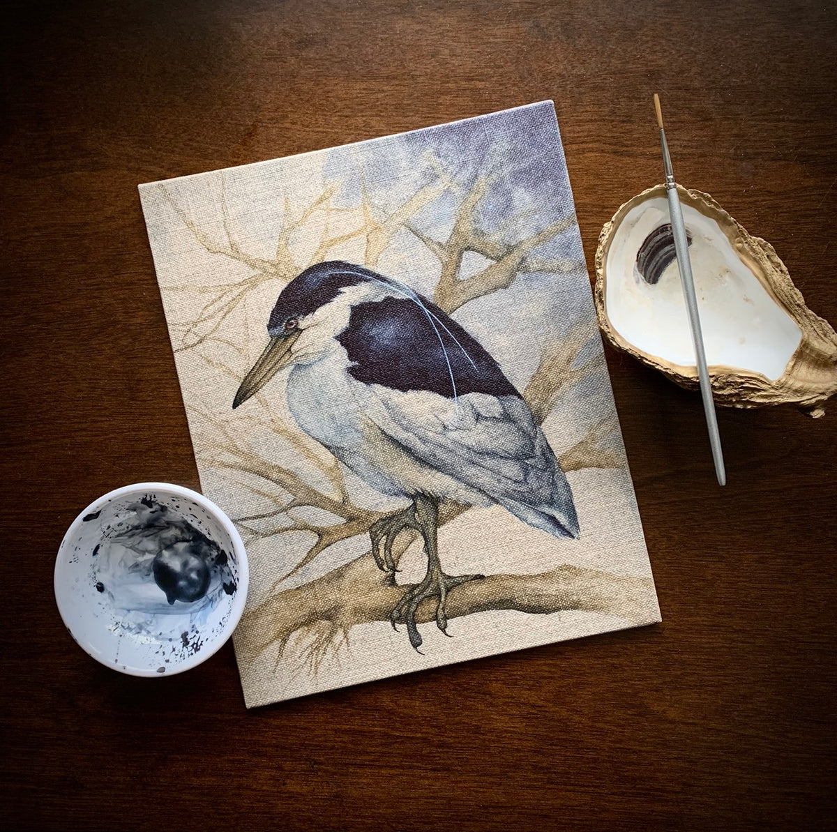Winter Renaissance - Night Heron Original Watercolor on Linen Panel, 8x10