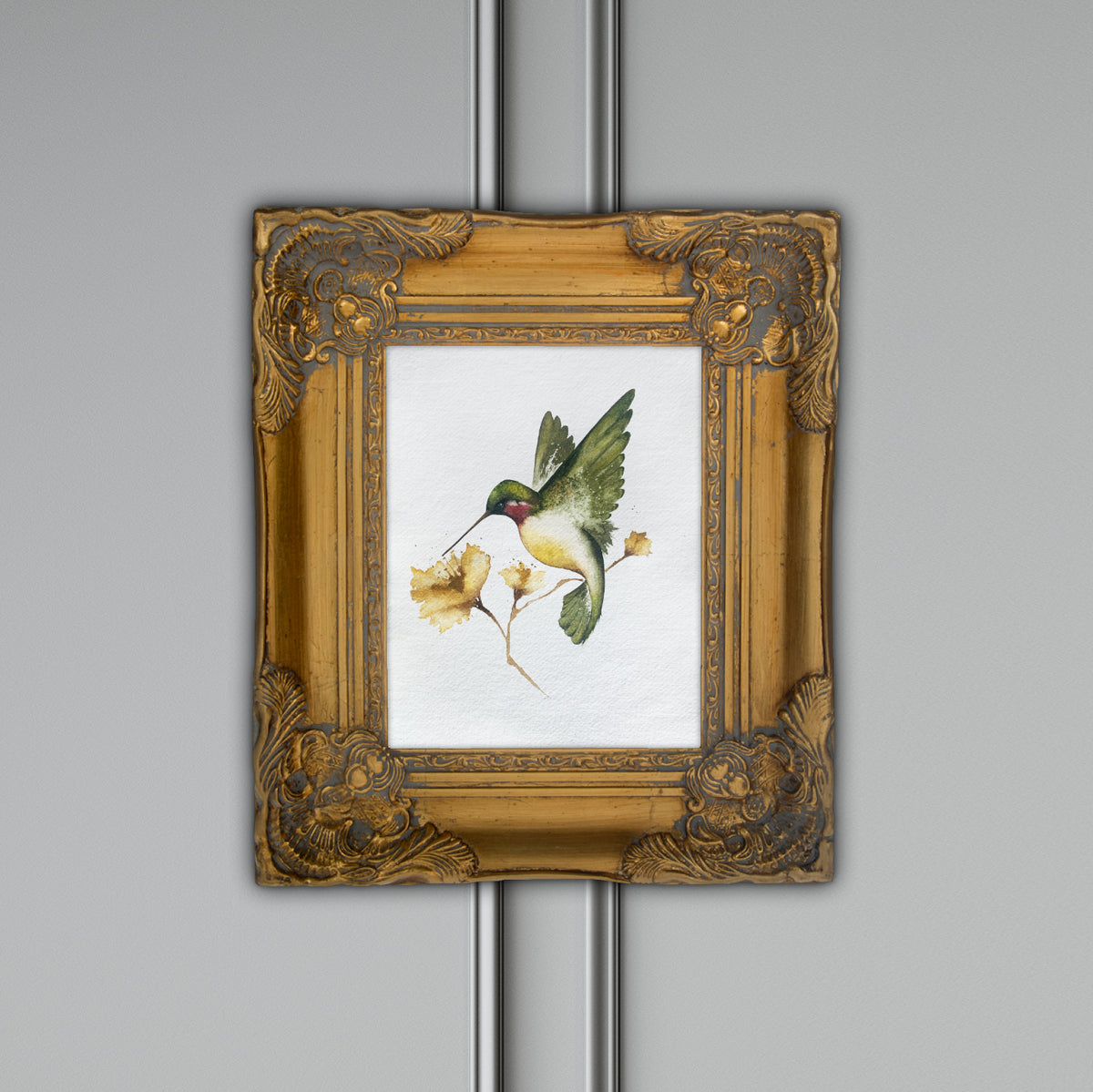 Olive in Autumn - Hummingbird Original Watercolor, 8.5x12