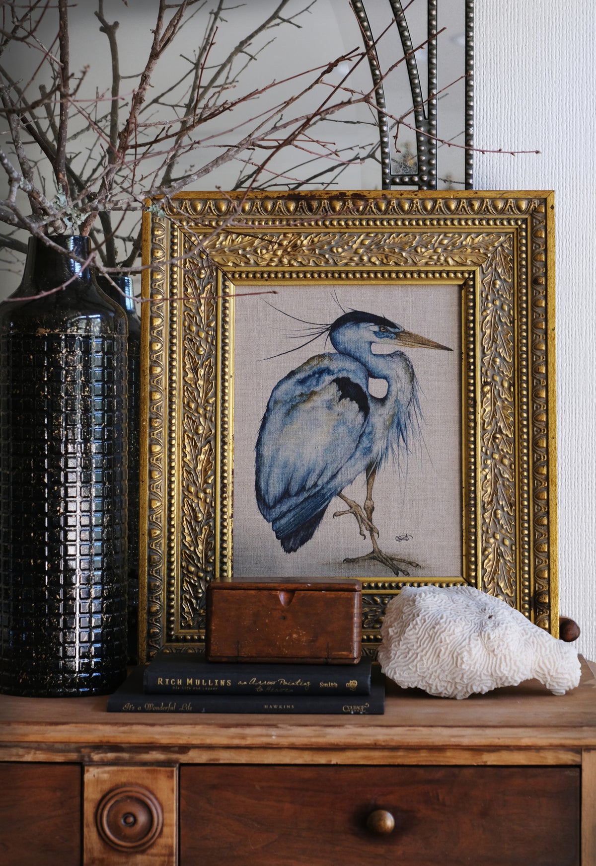 Though She Waits - Great Blue Heron Original Watercolor on Linen Panel, 11x14